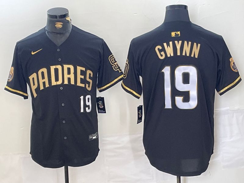 Men San Diego Padres 19 Gwynn Black gold #5 th generation Nike 2024 MLB Jersey style 1->san diego padres->MLB Jersey